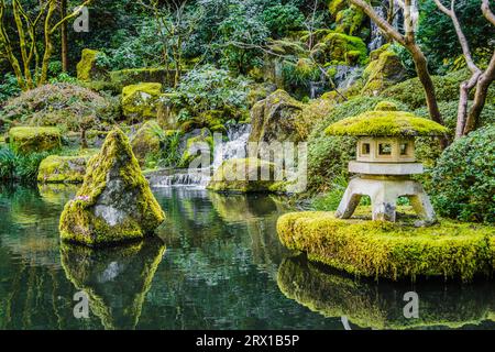 Green Japanese garden, Portland, Oregon, USA Stock Photo