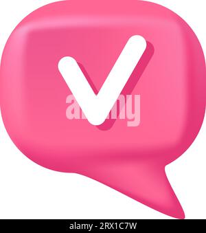 Checkmark sign on pink speech bubbles. Vector 3d render speech bubble. Question and answer bubble in pink colors. Support chat 3d banner. Information Stock Vector