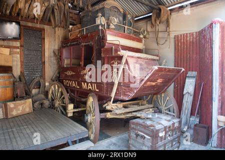 Old Cobb and Co Vintage horse drawn carriage better known as a stage coach, western Queensland, Longreach, Australia Stock Photo