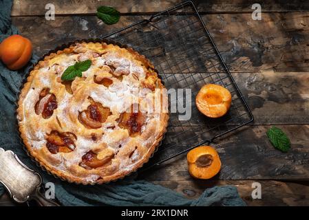 Homemade, freshly baked apricot pie in a baking dish. On a wooden table, sprinkled with powdered sugar Stock Photo