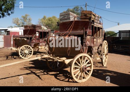 Old Cobb and Co Vintage horse drawn carriage better known as a stage coach, western Queensland, Longreach, Australia Stock Photo