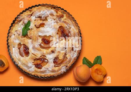 Homemade, freshly baked apricot pie in a baking dish. On an orange background, sprinkled with powdered sugar Stock Photo