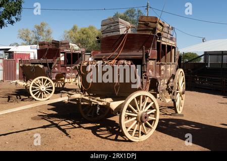 Old Cobb and Co Vintage horse drawn carriage better known as a stage coach, western Queensland, Longreach, Australia Stock Photo