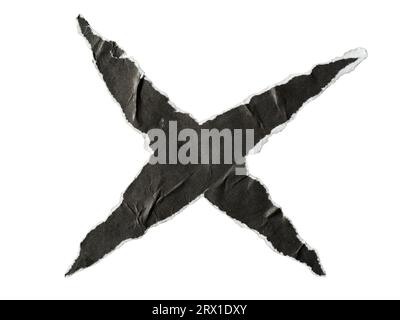 X shaped torn black paper on white background with clipping path Stock Photo