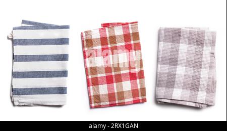 Three textile napkin set isolated on white background. Cotton table napkins. Stock Photo