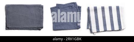 Linen textile napkin set isolated on white background. Gray and blue cotton napkins. Stock Photo
