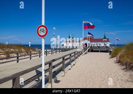 Ahlbeck Pier is located in Ahlbeck, on the island of Usedom, Ger Stock Photo