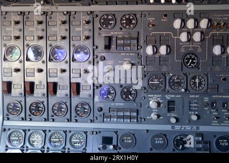 flight deck and flight controls of a Boeing 747 cockpit in an airplane ...