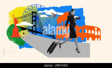 Young pretty woman, stewardess running with suitcase, being late for flight. Contemporary art collage. Stock Photo