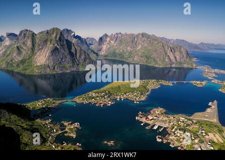 Beautiful aerial view of town Reine and surrounding fjords on Lofoten islands Stock Photo