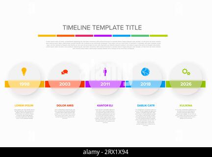 Vector light color time line with icons in five semi transparent matt glass circles template  with icons, descriptions and rainbow colorful arrows tim Stock Vector