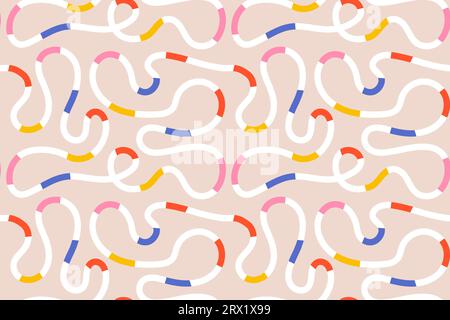 Seamless pattern of colorful abstract squiggles print, scribble spiral and wavy lines. Endless Chaotic brush scribbles on beige background. Vector ill Stock Vector