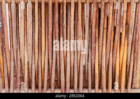 fence background wall texture. traditional fence made of wooden sticks Stock Photo