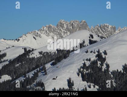 Snow covered Gastlosen mountain range. Stock Photo