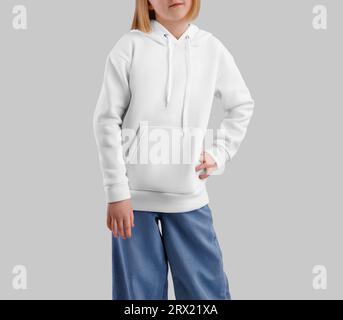 White hoodie template for a girl, clothes with ties, pocket, stylish clothes for design, print, pattern. Mockup of a fashionable kid's long sleeve. Pr Stock Photo