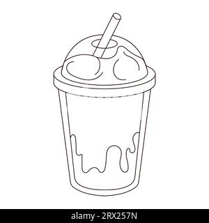 Cold coffee in a plastic transparent cup with a straw and cream. Line art style. Vector illustration isolated on a white background. Stock Vector