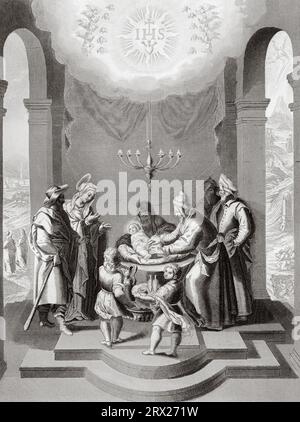 Jesus Christ was circumcised as a Jew on the 8th day after his birth. Illustration for The life of Our Lord Jesus Christ written by the four evangelists, 1853 Stock Photo