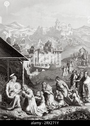 The Adoration of the Magi. Illustration for The life of Our Lord Jesus Christ written by the four evangelists, 1853 Stock Photo