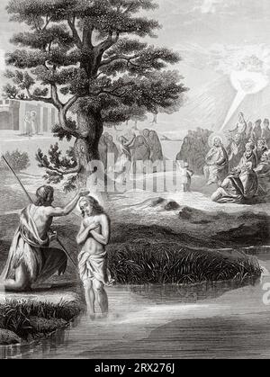 Jesus is baptized on the banks of the Jordan River by Saint John the Baptist. Illustration for The life of Our Lord Jesus Christ written by the four evangelists, 1853 Stock Photo