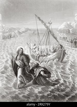 Jesus walks on water through the Sea of Galilee. Illustration for The life of Our Lord Jesus Christ written by the four evangelists, 1853 Stock Photo