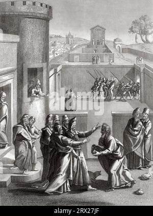 Judas betrayed Jesus before the Sanhedrin in exchange for thirty silver coins. Judas Reports to the Princes of Priests the Price of His Betrayal. Illustration for The life of Our Lord Jesus Christ written by the four evangelists, 1853 Stock Photo