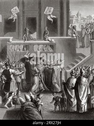 Pontius Pilate proclaims the innocence of Jesus Christ. Illustration for The life of Our Lord Jesus Christ written by the four evangelists, 1853 Stock Photo