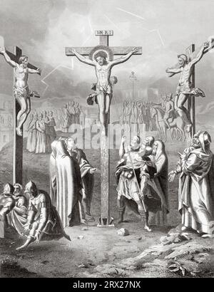 A Roman soldier gave Jesus vinegar to drink on the cross. Illustration for The life of Our Lord Jesus Christ written by the four evangelists, 1853 Stock Photo