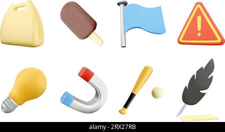 vector 3d icon set. package, icecream, flag, warning sign, lamp,magnet, baseball, feather. vector icon ser on white background. Stock Vector