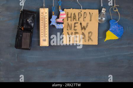 Problems in the New year 2024, finacial and energy crisis,climate change, American presidential election and ukraine war,flat lay, free copy space Stock Photo