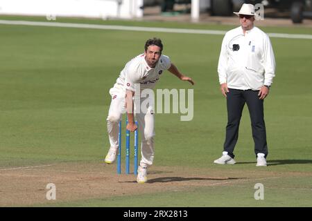 London, UK. 2nd Sep, 2023. Northamptonshire's Ben Sanderson bowling as Surrey take on Northamptonshire in the County Championship at the Kia Oval, day four. Credit: David Rowe/Alamy Live News Stock Photo