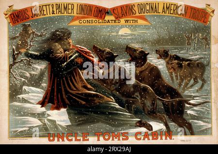 Advertisement for a theatrical production of Uncle Tom's Cabin depicts a scene from the antislavery novel by Harriet Beecher Stowe Uncle Tom's Cabin theater poster, showing Eliza crossing the ice. Color lithograph, 1881 Stock Photo