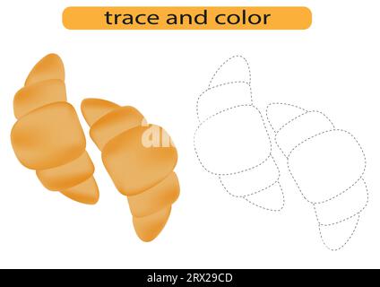 Tracing lines for children development, bright croissant French pastry, handwriting practice for children, vector Stock Vector