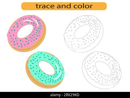 Tracing lines for children development, bright donut baking, handwriting practice for children, vector Stock Vector