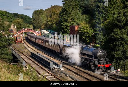 A steam locomotive during the North Yorkshire Moors Railway 50th Anniversary Steam Gala at Goathland Station. Picture date: Friday September 22, 2023. Stock Photo