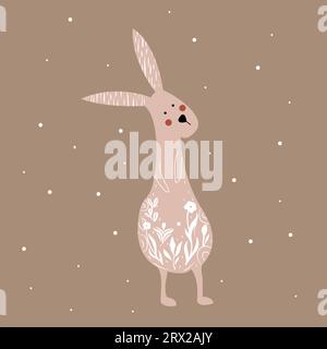 Card Adorable hare or wild rabbit sitting in flowers, hand drawn in linocut style. Linocut style vector illustration, isolated on white background Stock Vector
