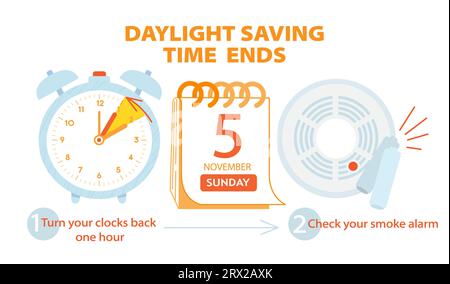 Daylight saving time ends 5 november 2023 banner. Fall back time. Banner reminder with info about changing time and batteries in smoke alarm. Clock ba Stock Vector