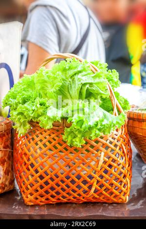 Fresh green cos lettuce leaves in wicker basket at local farmers market. Organic vegetables leaf salad from farm Stock Photo