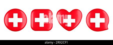 Realistic red heart with white cross in 3D style. Symbol of medicine and first aid. Vector illustration Stock Vector