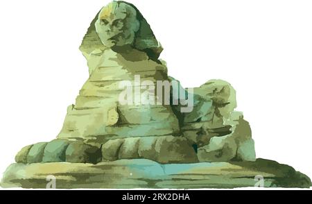Watercolor style flat drawing of the GREAT SPHINX OF GIZA, GIZA Stock Vector