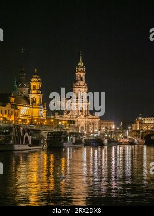 View of modern Dresden by night from across the Elbe River, Saxony, Germany, Europe Stock Photo