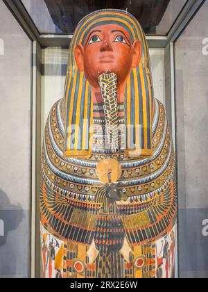 View of the remains of an ancient Egyptian Sarcophagus on display at ...