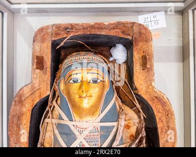 View of the remains of an ancient Egyptian Sarcophagus on display at the Egyptian Museum, Cairo, Egypt, North Africa, Africa Stock Photo