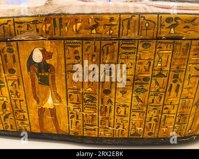 View of the remains of an ancient Egyptian Sarcophagus on display at ...