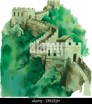 Watercolor style flat drawing of the GREAT WALL OF CHINA, BEIJING Stock Vector