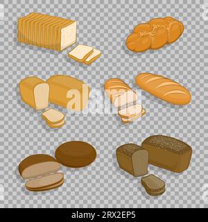 Set of bakery products isolated on a transparent background. Fresh pastries, rye bread, wheat bread loaf, sliced for sandwiches and toast, bread. Vect Stock Vector