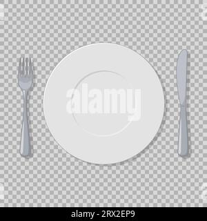 Plate, fork and knife vector object isolated on a transparent background. White kitchen appliances utensils for cooking, cutlery Flat in style artwork Stock Vector