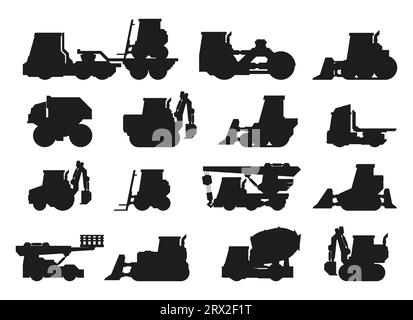 Industrial vehicles silhouettes. Heavy construction machinery flat style, transport construction equipment hydraulic bulldozer excavator loader. Vector isolated collection. Industrial car for building Stock Vector