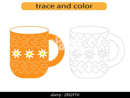 Tracing lines for children development, bright mug cup tableware, handwriting practice for children, vector Stock Vector