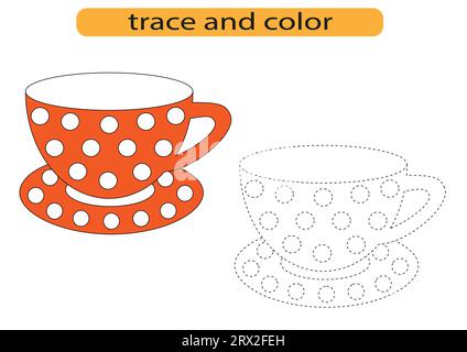 Tracing lines for children development, bright mug cup tableware, handwriting practice for children, vector Stock Vector