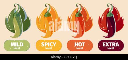 Hot sauce level. Chili pepper rating scale, capsaicin indicator asian cuisine food, spicy ketchuppers restaurant indicator. Vector colorful set. Mild, spicy, hot and extra ingredients Stock Vector